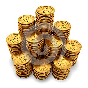 Large group of paneled golden Bitcoins on white