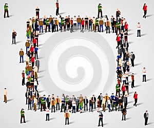 Large group of people crowded in square frame on white background.