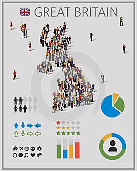 Large group of people in form of Great Britain map with infographics elements.