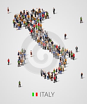 Large group of people in form of Italy map with infographics elements. Italy map. Background for presentation.