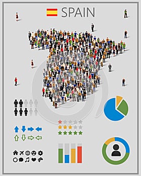 Large group of people in form of Spain map with infographics elements.