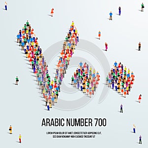 Large group of people form to create the number 700 or Seven Hundred in Arabic. People font or Number.
