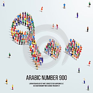 Large group of people form to create the number 900 or Nine Hundred in Arabic. People font or Number.