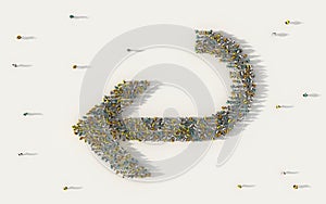 Large group of people forming a big arrow symbol in business, social media, and community concept on white background. 3d sign of