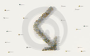 Large group of people forming a big direction arrow symbol in business, social media, and community concept on white background.