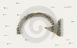 Large group of people forming a big direction arrow symbol in business, social media, and community concept on white background.