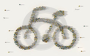 Large group of people forming a bike or bicycle symbol in social media and community concept on white background. 3d sign of crowd
