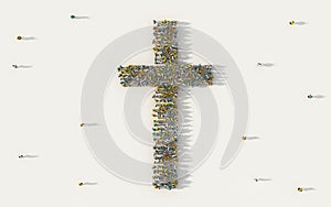 Large group of people forming christian cross symbol in social media and community concept on white background. 3d sign of crowd