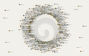 Large group of people forming a circle geometry icon with copy space in social media and community concept on white background. 3d