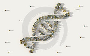 Large group of people forming DNA, helix model medicine symbol in social media and community concept on white background. 3d sign