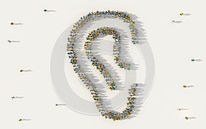 Large group of people forming an ear symbol in social media and community concept on white background. 3d sign of crowd