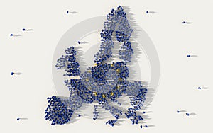 Large group of people forming EU or European Union flag map in social media and community concept on white background. 3d sign of