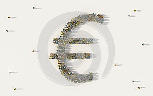 Large group of people forming EUR Euro currency. Money symbol in business, social media and community concept on white background