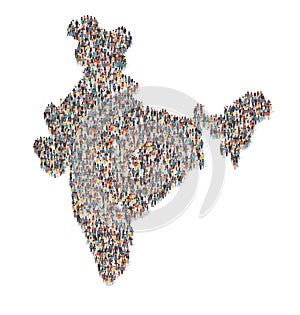 Large group of people forming India map standing together, flat vector illustration. Population demographics.