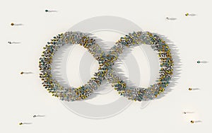 Large group of people forming infinity symbol in social media and community concept on white background. 3d sign of crowd