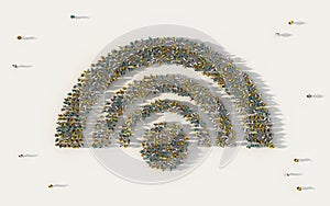 Large group of people forming internet wifi or wireless symbol in social media and community concept on white background. 3d sign