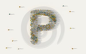 Large group of people forming letter P, capital English alphabet text character in social media and community concept on white