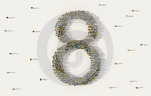 Large group of people forming number eight, 8, alphabet text character in social media and community concept on white background.