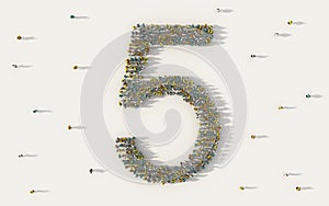 Large group of people forming number five, 5, alphabet text character in social media and community concept on white background.