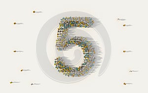 Large group of people forming number five, 5, alphabet text character in social media and community concept on white background.