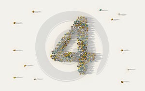 Large group of people forming number four, 4, alphabet text character in social media and community concept on white background.