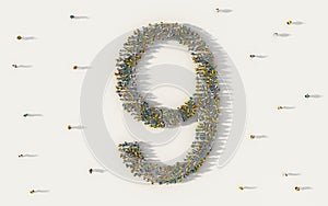 Large group of people forming number nine, 9, alphabet text character in social media and community concept on white background.