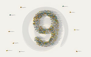 Large group of people forming number nine, 9, alphabet text character in social media and community concept on white background.