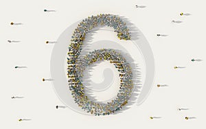 Large group of people forming number six, 6, alphabet text character in social media and community concept on white background. 3d