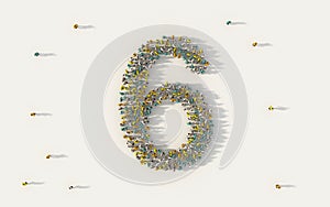 Large group of people forming number six, 6, alphabet text character in social media and community concept on white background. 3d