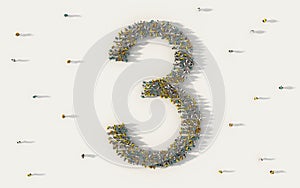 Large group of people forming number three, 3, alphabet text character in social media and community concept on white background.