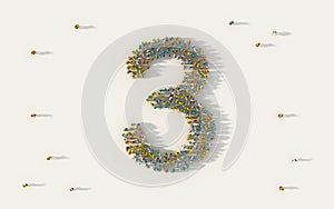 Large group of people forming number three, 3, alphabet text character in social media and community concept on white background.