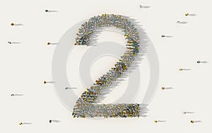 Large group of people forming number two, 2, alphabet text character in social media and community concept on white background. 3d