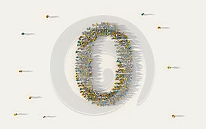 Large group of people forming number zero, 0, alphabet text character in social media and community concept on white background.