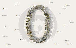 Large group of people forming number zero, 0, alphabet text character in social media and community concept on white background.