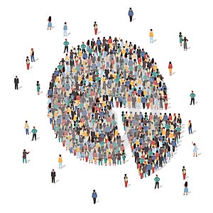 Large group of people forming pie chart, flat vector illustration. Statistics, population demographics.