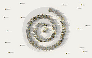 Large group of people forming spiral symbol in business, social media, and community concept on white background. 3d sign of crowd
