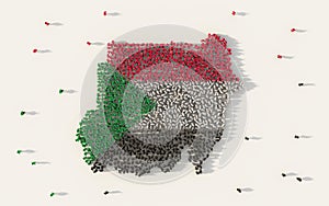 Large group of people forming Sudan map and national flag in social media and community concept on white background. 3d sign