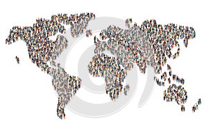 Large group of people forming world map standing together, flat vector illustration. Population, earth community.