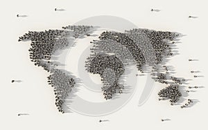 Large group of people forming a world map symbol in social media and community concept on white background. 3d sign of crowd