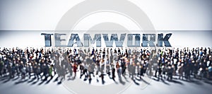 Large group of people in front of teamwork word