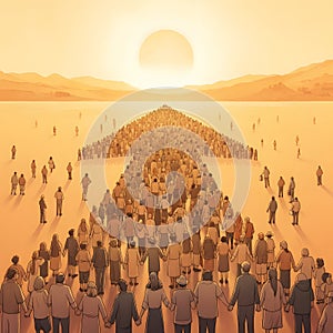 Large Group of People Holding Hands Forming an Arrow Shape with Desert Landscape and Large Sun â AI-Generated Image photo