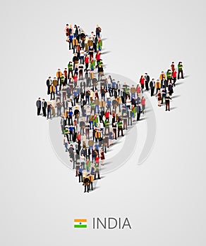 Large group of people in India map form. Population of India or demographics template. Background for presentation.