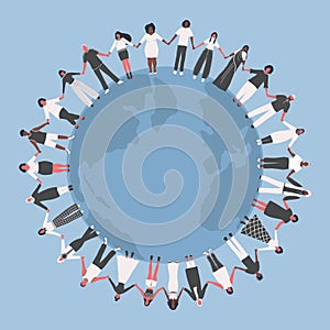 large group of people. Men and women are holding hands, stand around the world map. Multicultural group of people