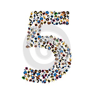 Large group of people in number 5 five form. People font. Vector illustration