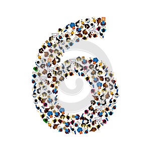 Large group of people in number 6 six form. People font. Vector illustration