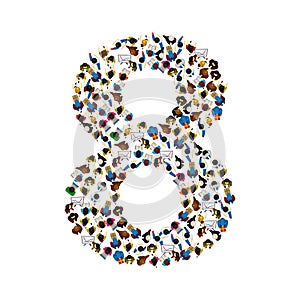 Large group of people in number 8 eight form. People font. Vector illustration