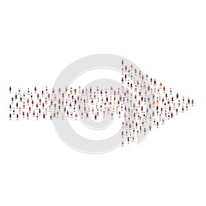 Large group of people silhouette crowded together in arrow right direction shape isolated on white background. Vector