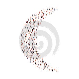 Large group of people silhouette crowded together in crescent moon shape isolated on white background. Vector