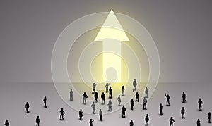 Large group of people stand in front of a glowing arrow. Concept of financial and personal growth.