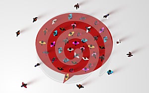 Large group of people standing around chat bubble symbol. Top view